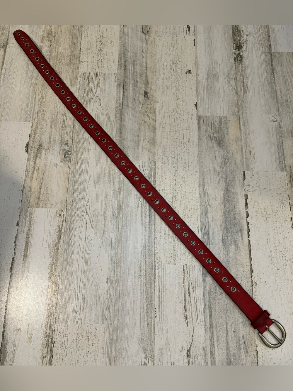 Fossil Vintage Leather Red Grommets Silvertone Customizable Brass Buckle Belt L - Picture 6 of 11